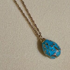 New Gorgeous Light Blue Enamel & Cubic Zirconia Egg Pendant On Gold Plated Chain